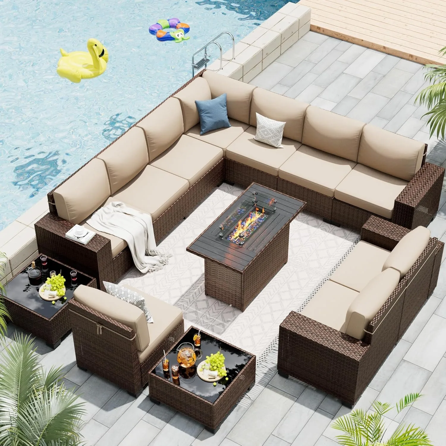 Patio Furniture Set with 44'' Propane Gas Firepit Table, 13 PCS Outdoor Sectional Conversation Sets, Beige (Waterproof Covers )