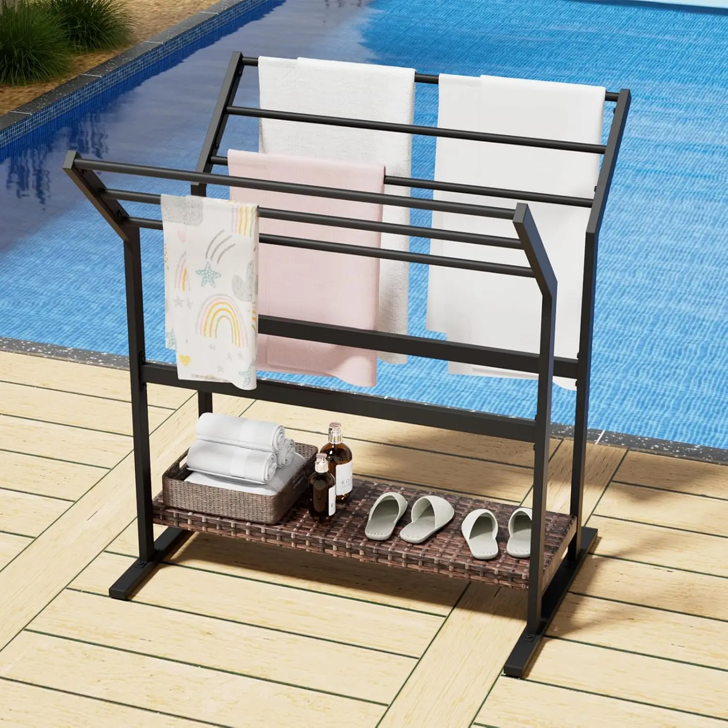 Freestanding Pool Towel Rack & Storage Organizer with Wheels Rattan Shelf for Bathroom & Garage Multifunctional Towel Holder