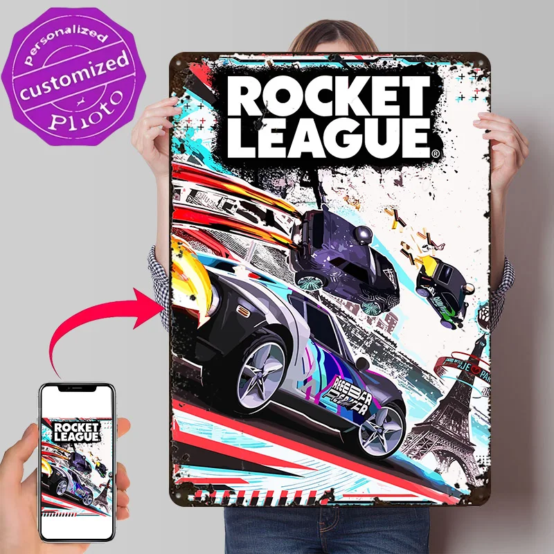 Rocket League Game Cover Art Poster Retro 3D Printed Metal Signs Customized Wall Hanging Gift for Decoration Garage Accessories