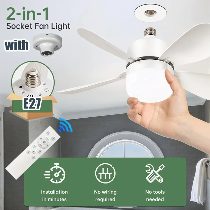 LED Ceiling Fan Light with Remote Control 85V-265V Voltage 3 Color Lights Dimmable E27 Base Lamp for Living Room Home Decor