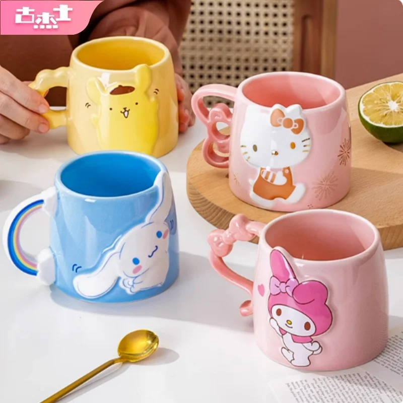 For Sanrio Hello Kitty Ceramic Mug for Kids Cute 3D Relief My Melody Coffee Cup with Creative Handle Home Oatmeal/Milk Water Cup
