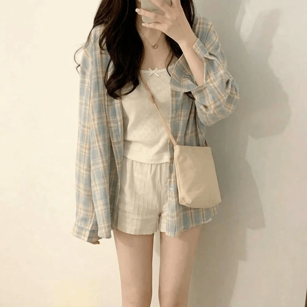 

Fashion Loose Women Plaid Shirt Long Sleeve Fresh College Blouse Top Breathable Comfortable Female Checked Shirt Spring