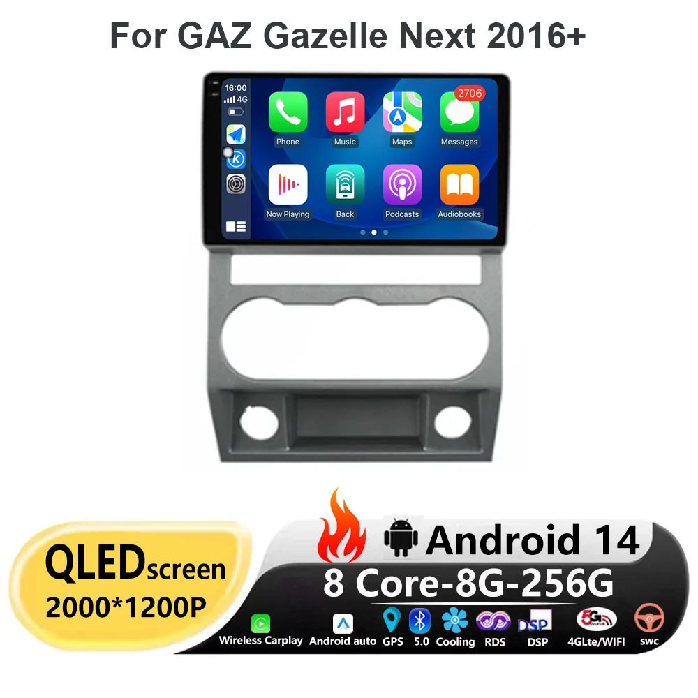 Car Radio Android 14 For GAZ Gazelle Next 2016+ Carplay Auto Multimedia Video Player Navigation GPS Stereo 4G LET WIFI QLED DSP