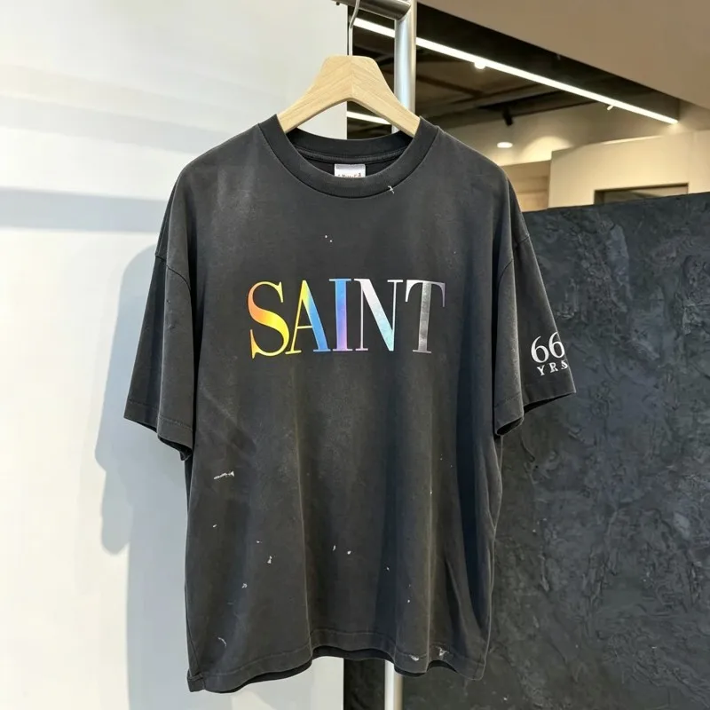 Vintage Distressed Washed Worn Saint Tshirts Iridescent Letter Logo Round Neck Short Sleeve Men Women Hiphop Street Top Tees