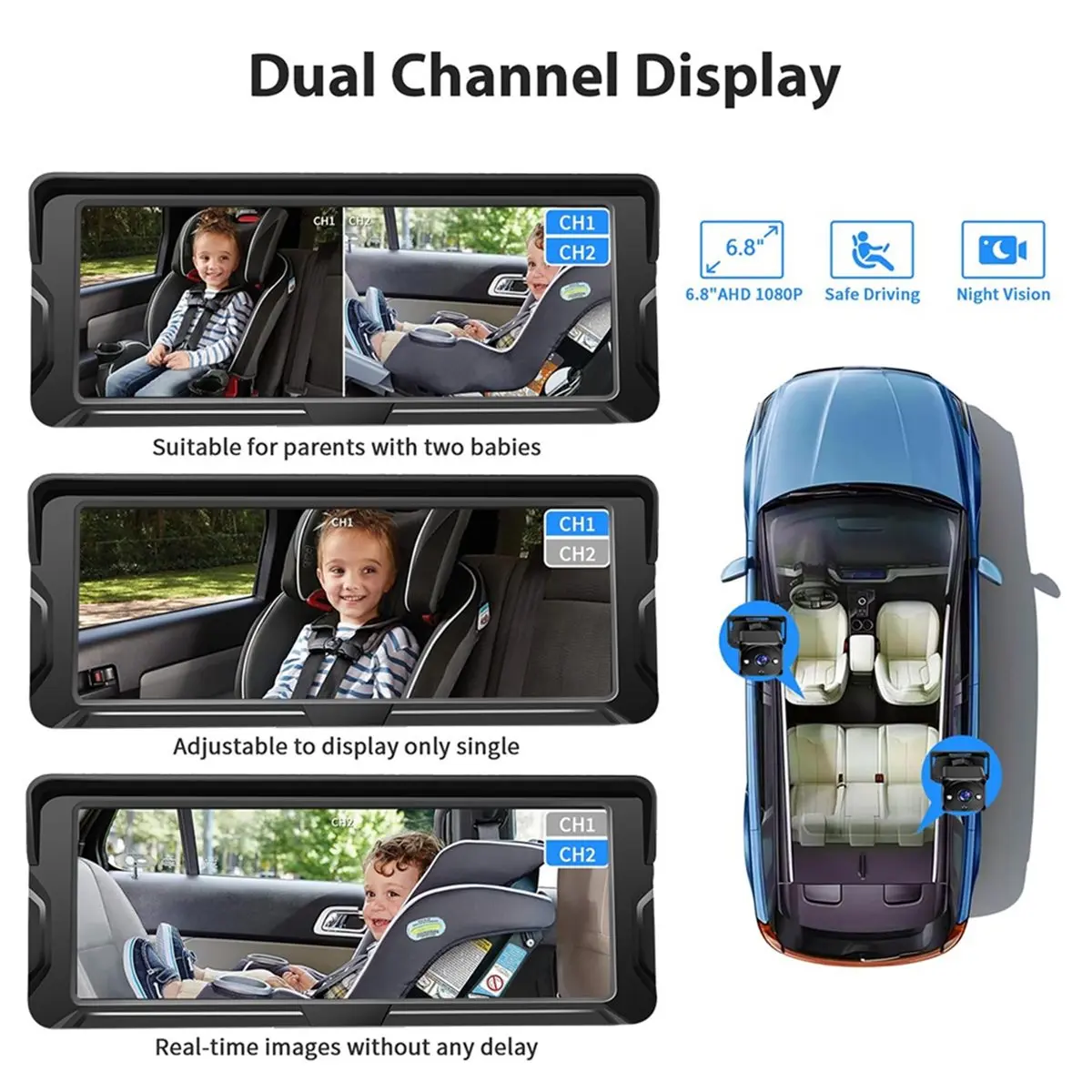 “QUALITY EXCELLE“Car Baby Mirror Camera Dual Channel 6.8inch 1080P Display with 2 IR Night Vision Camera Automotive Baby Camera