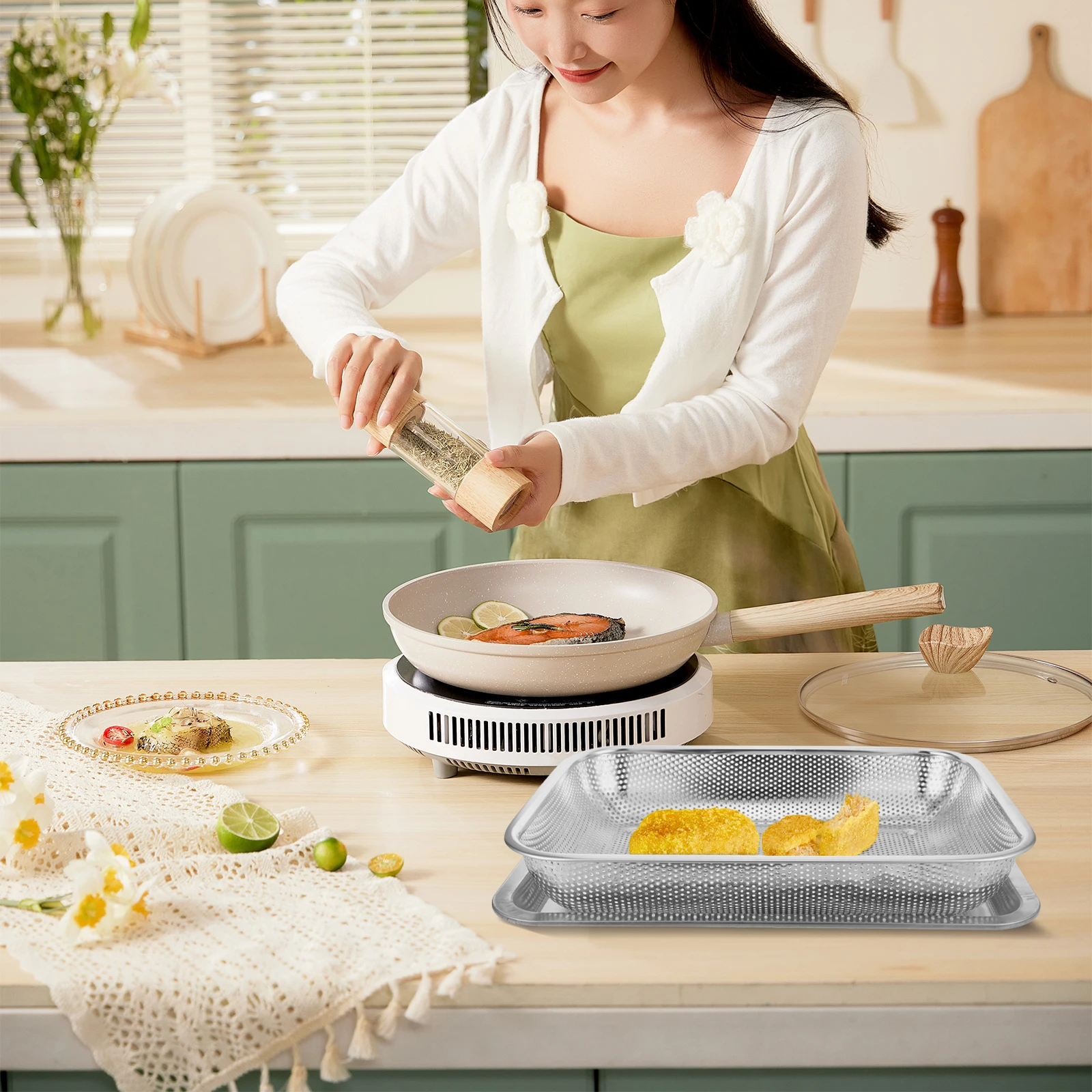 

1 Set Stainless Steel Frying Heat Resistant Oil Draining Mesh Container For Chips Vegetables Meats Fryer Accessories Kitchen
