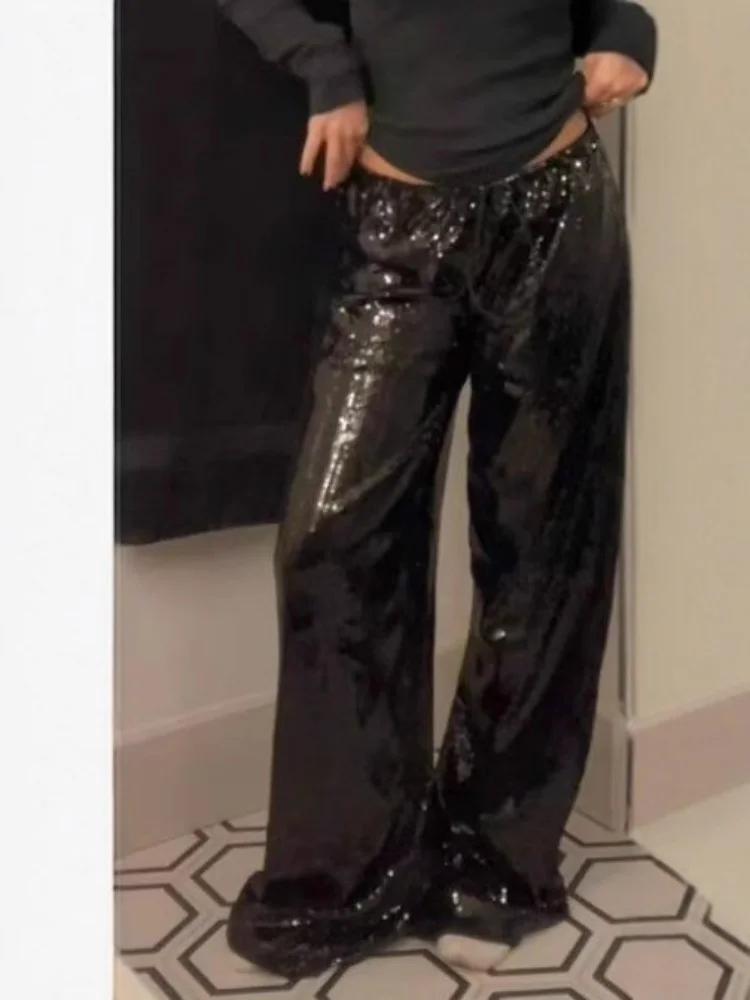 Women's Fashion Sequin Wide-Leg Loose Long Pants with Drawstring High Waist Pant for Summer Casual Female Clothing 2026