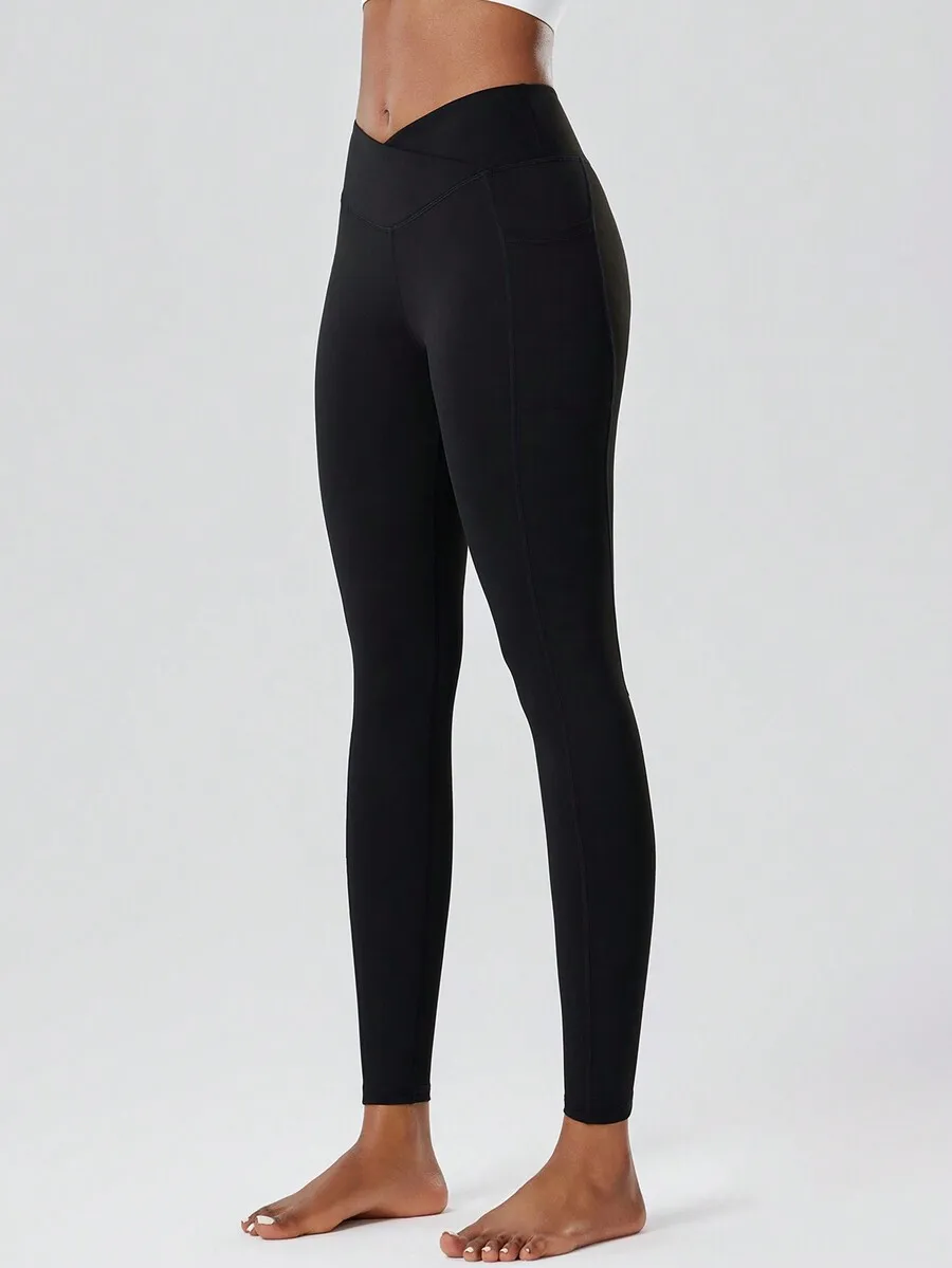 

Womens Yoga Leggings With Pockets Crossover Waist Slim Fit Quick Dry Stretchy Sports Tights