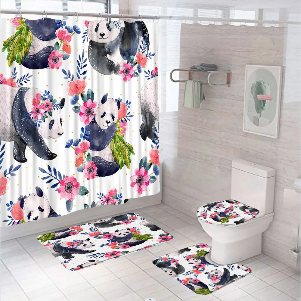 

Funny Cute Panda Shower Curtain Set Animal Watercolor Flower Fabric Kid Bathroom Curtains Non-Slip Bath Mat Rug Lid Toilet Cover