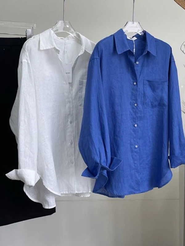 

Women Linen Shirt Ins Harajuku Japanese Fashion Long Sleeve Blue Casual Loose Fit Button Up Top Spring Autumn Layering Design