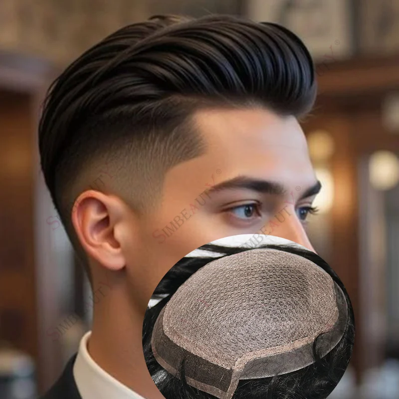 100% شعر بشري غير قابل للاكتشاف خط شعر طبيعي سويسري دانتيل أمامي قاعدة حريرية للرجال شعر مستعار واقعي للرجال شعر مستعار مزيف لفروة الرأس شعر رجالي