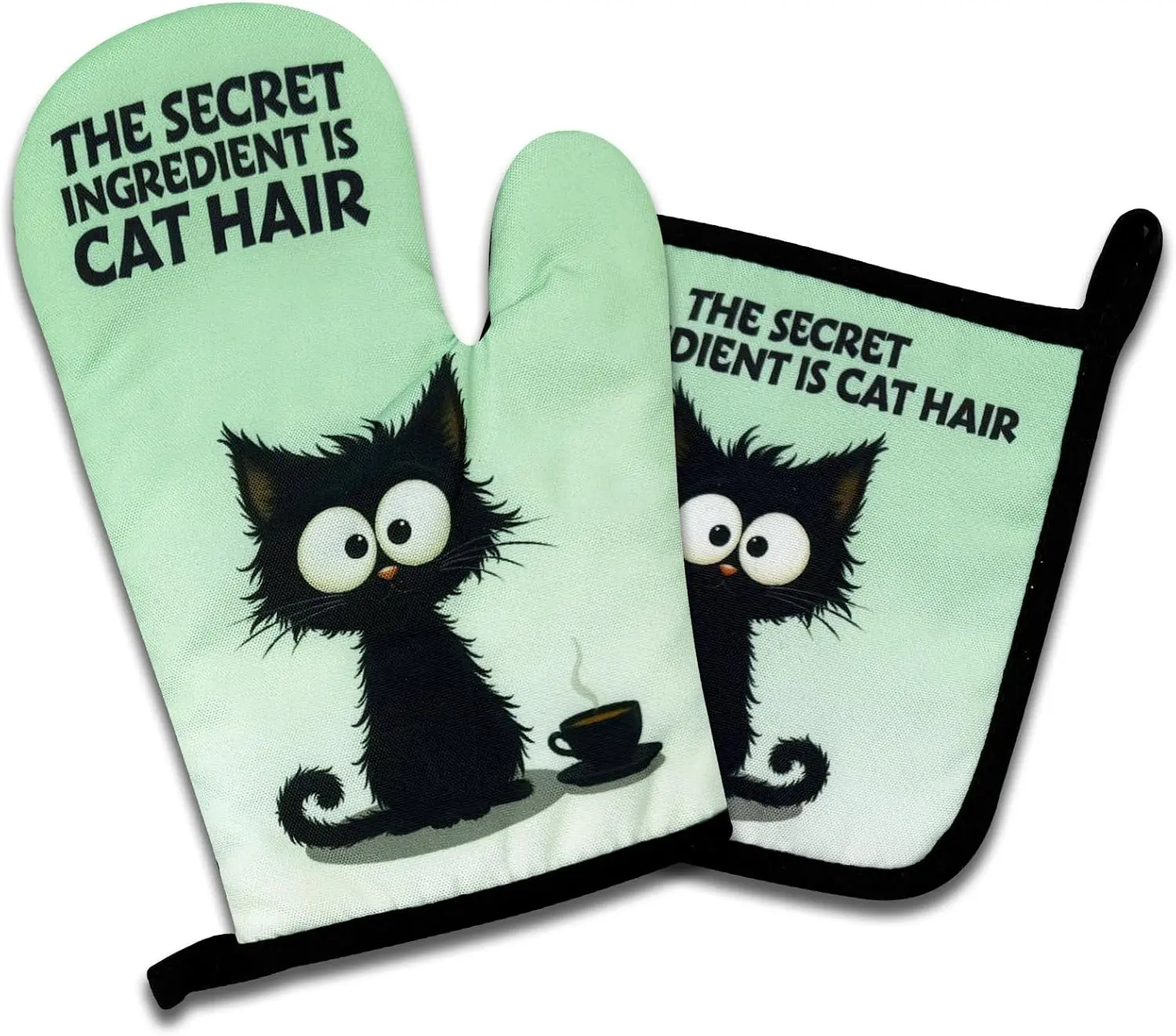 Cute Black Cat Oven Mitts and Pot Holders Set of 2, The Secret Ingredient is Cat Hair, Heat Resistant Non-Slip Kitchen Mitts