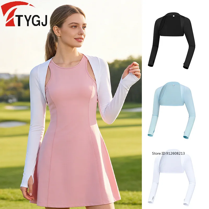 TTYGJ Women Summer Golf Shawl Anti-UV Golf Cooling Arm Sleeve Sunscreen Outdoor Sports Crop Tops Elastic Soft Golf Shirts