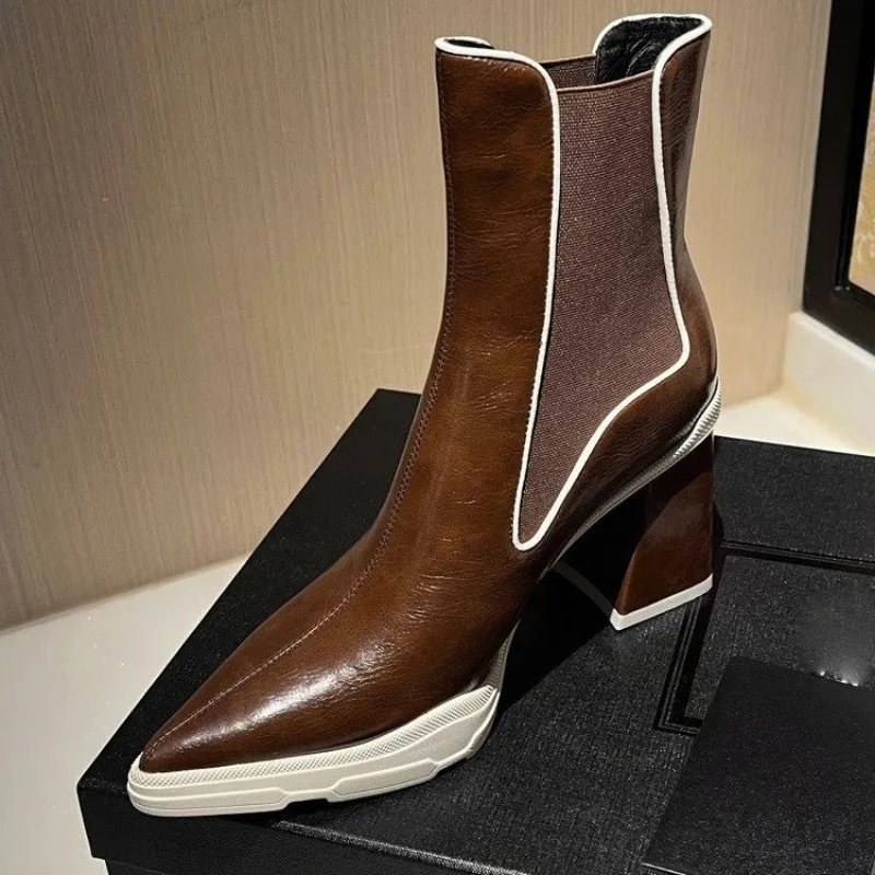 Ladies Shoes 2023 High Quality Slip-on Women's Boots Fashion Color Matching Office and Career Sexy Pointed Toe Ankle Boots