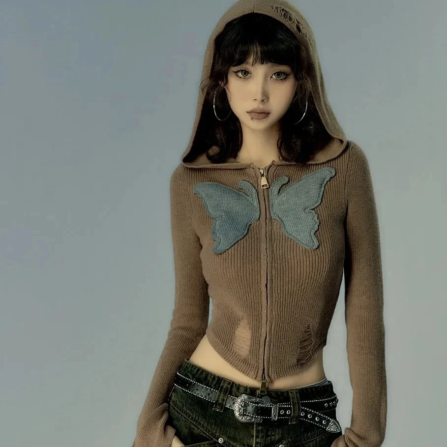 Vintage Embroidery Hooded Knitted Cardigan Women Hole Design Slim Fit Zipper Short Sweater Autumn Y2k Tops