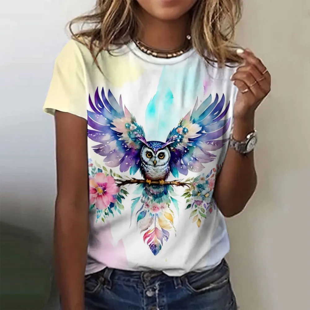 2024 New Kawaii Women\'s T-shirt Owl Print Plus Size Top Women\'s Trending Clothes Fashion Short Sleeve Shirt Crew Tee Summer