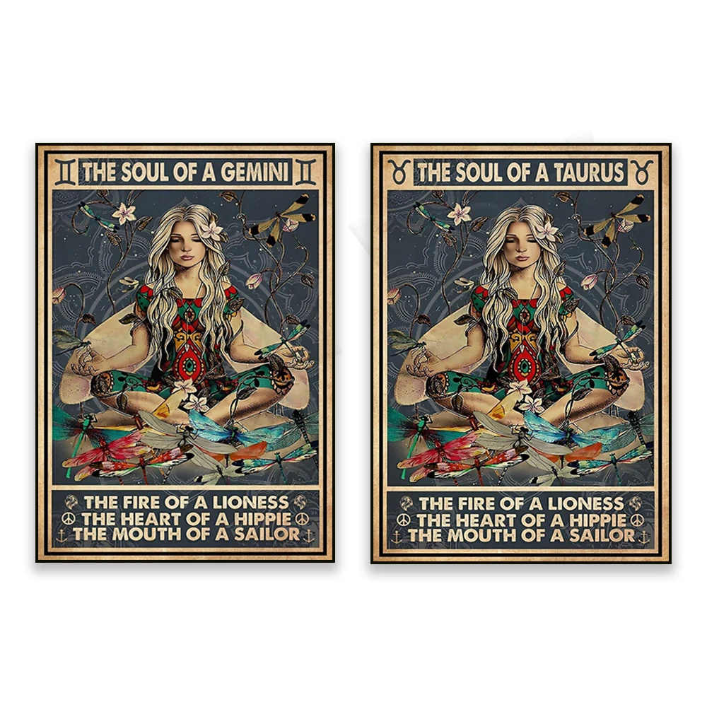 Toro, cartel vintage del alma de Géminis, regalo para la chica del zodiaco, signos del zodiaco del Tauro, decoración de pared de regalo de cumpleaños de Géminis, yoga de la chica del zodiaco