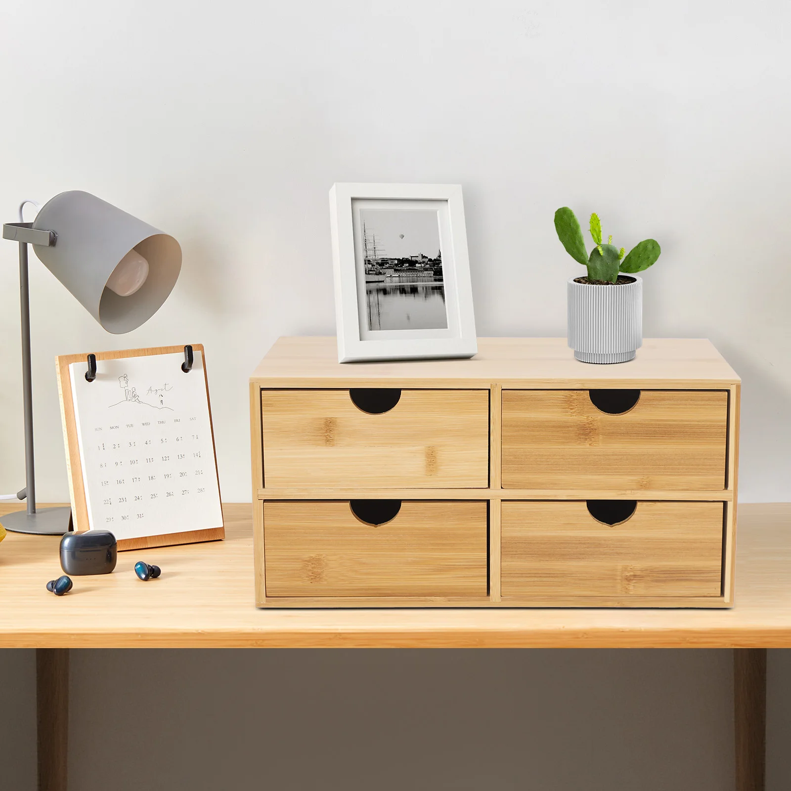 Desk Organizer Bamboo 4 Drawers, Durable Office Supplies Storage Box, Space Saving, Scratch Resistant, No Assembly, Desk Storage for Home & Office