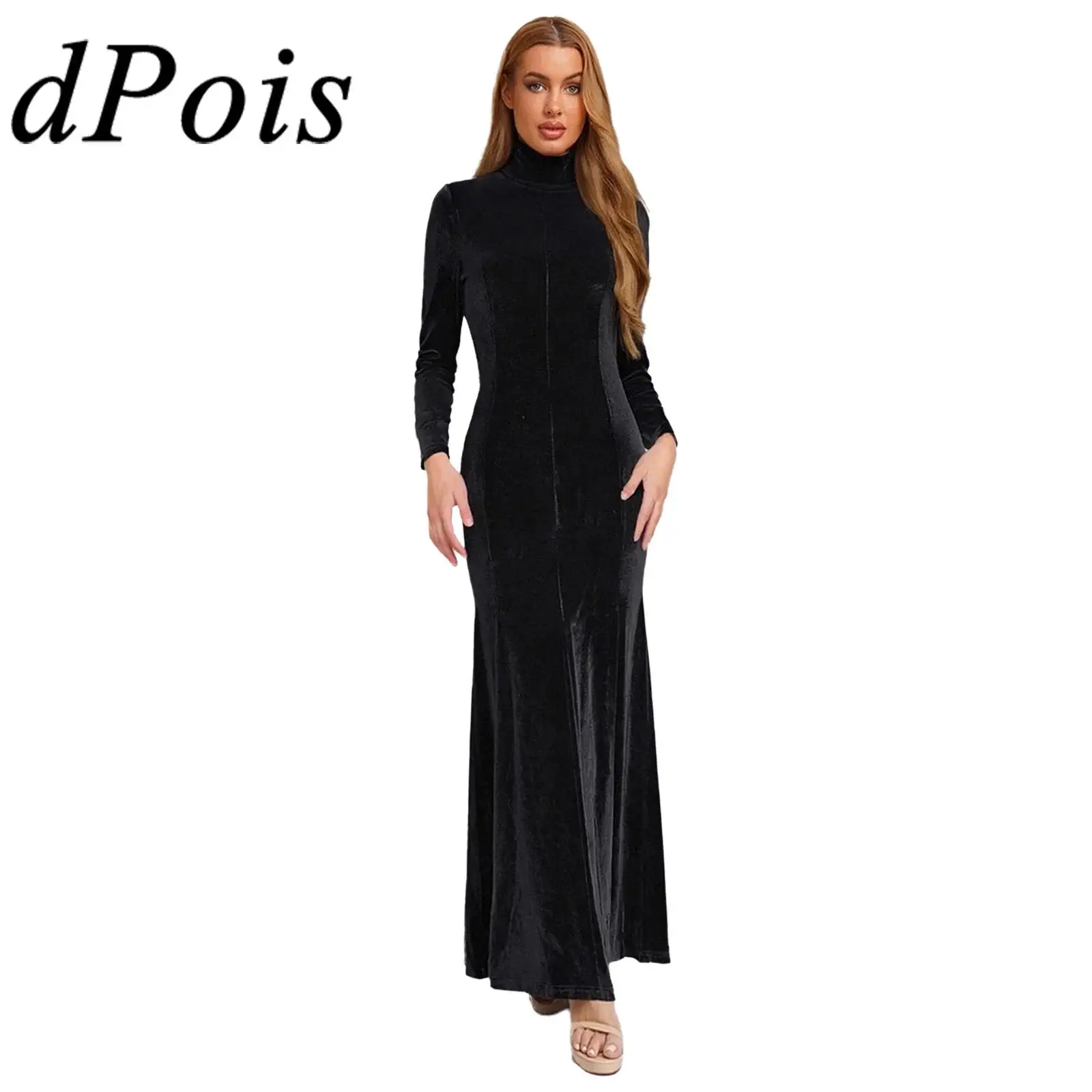 Womens Elegant Velvet Maxi Dress Turtleneck Long Sleeve Bodycon Mermaid Dress Lady Chic Party Prom Gowns Wedding Formal Gown