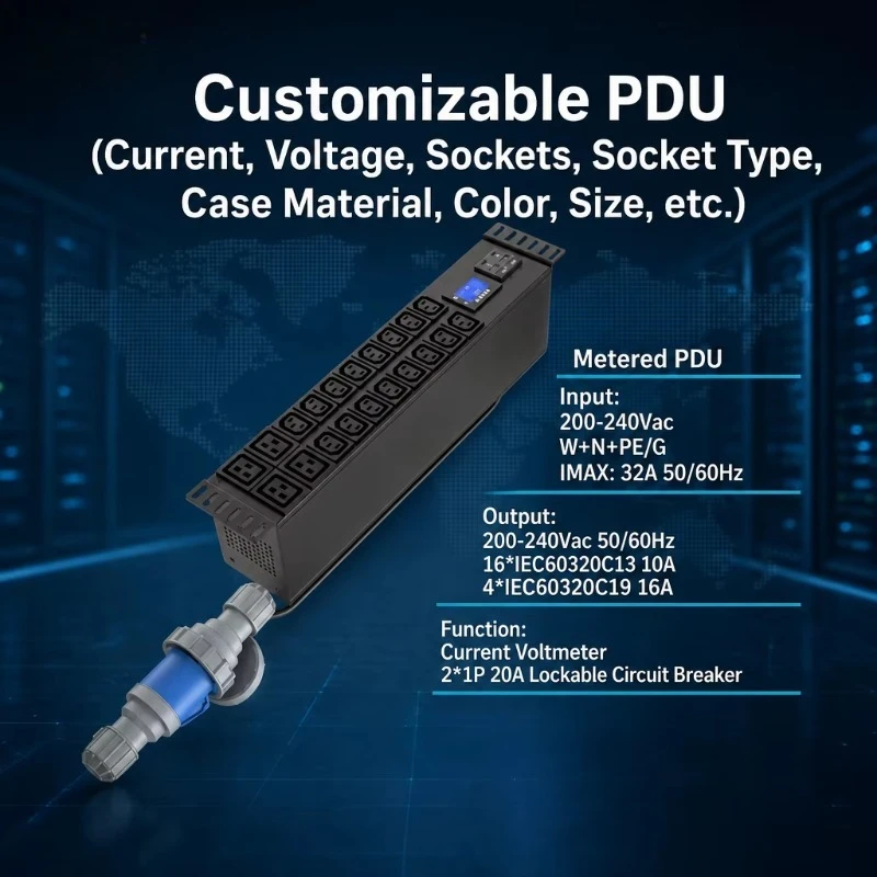 Vertical rack mounted with metering input plug and voltage and current display