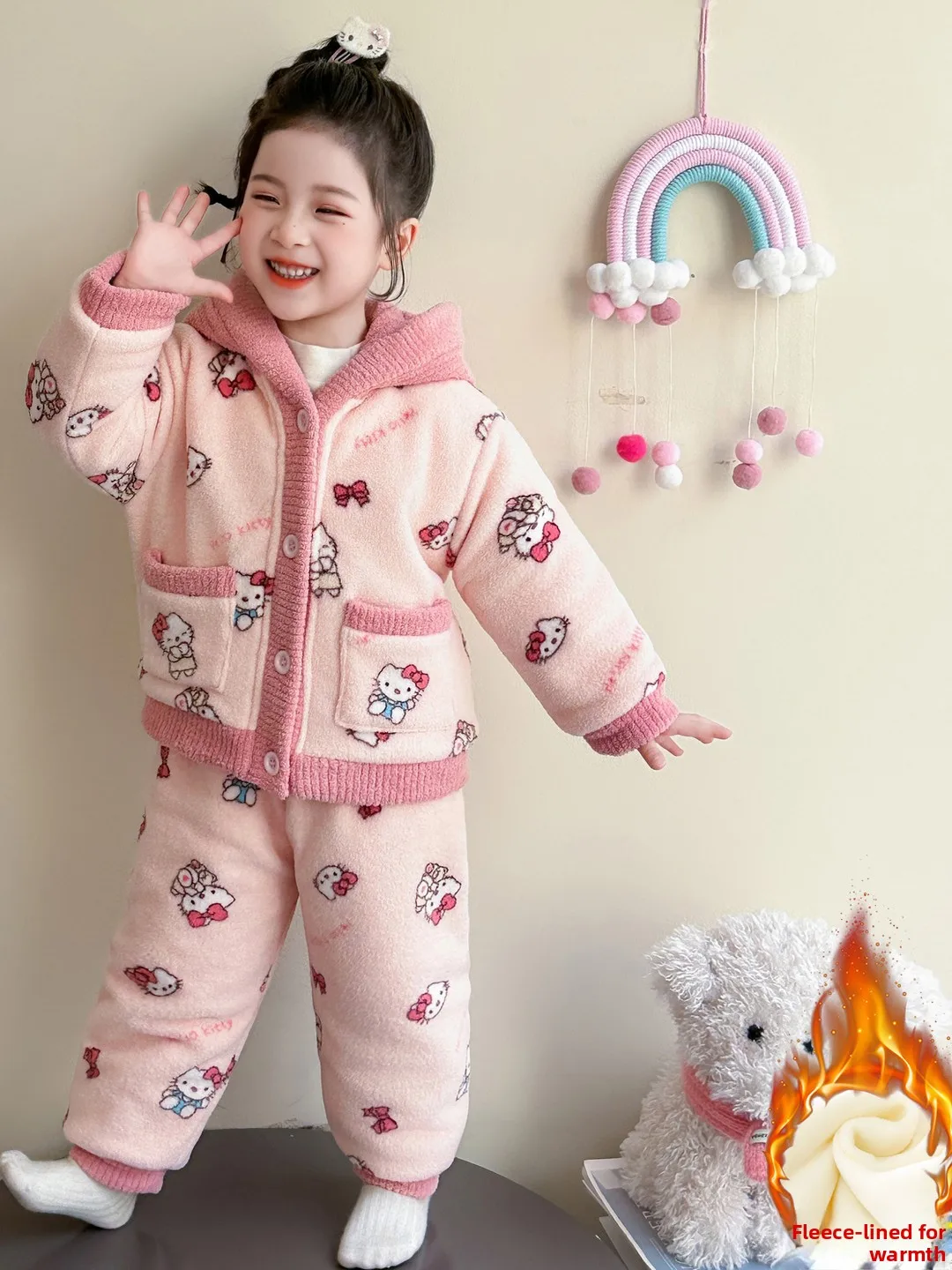 

Thiened Cotton Tee-Layer Hooded Girls Pajamas Winter Home Clothes Warm Two-Piece Set Long Sve Long Pants Spwear