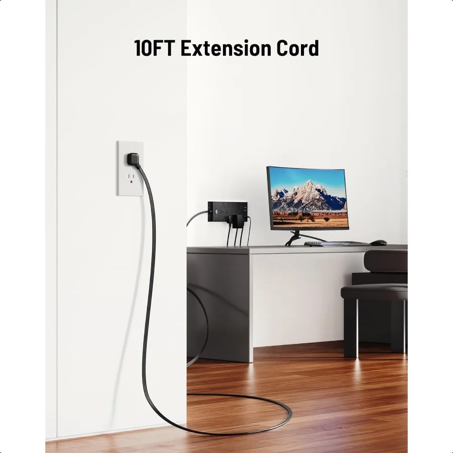 عرام حامي قطاع الطاقة 4800J LeZone 10Ft سلك تمديد طويل قابس مسطح 12 منافذ 2 USB C 2 منافذ USB جدار قابل للتركيب 20 واط D