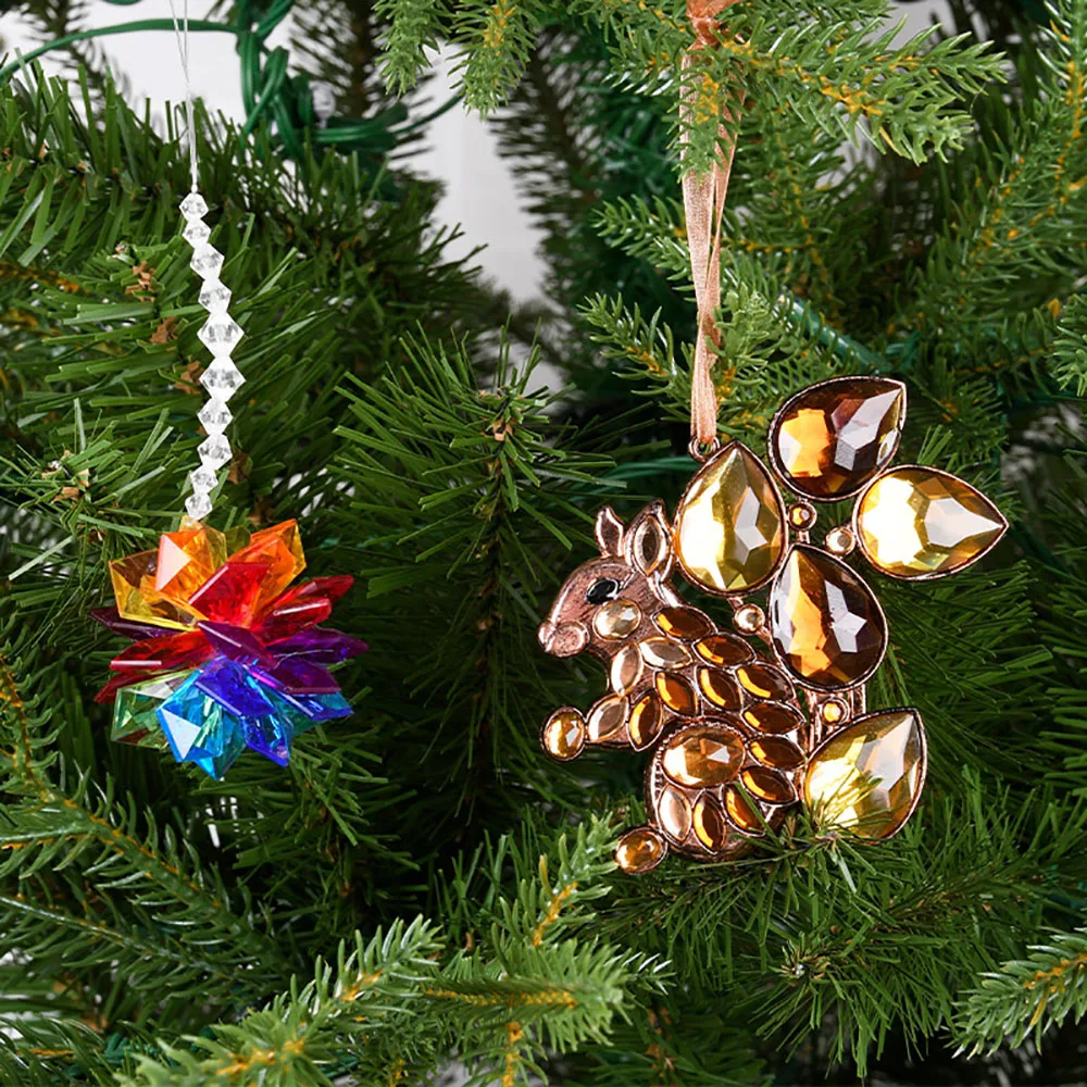 Christmas Ornaments Acrylic Crystal Star Squirrel Butterfly Flower Wine Cup Xmas Tree Decoration Hanging Pendants DIY Home Decor