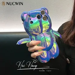 Ins Cute 3D Aurora Cartoon Pink Bear Case For iPhone 17 16 15 11 13 12 14 Pro Max Colorful Laser Gradient Shockproof Soft Cover