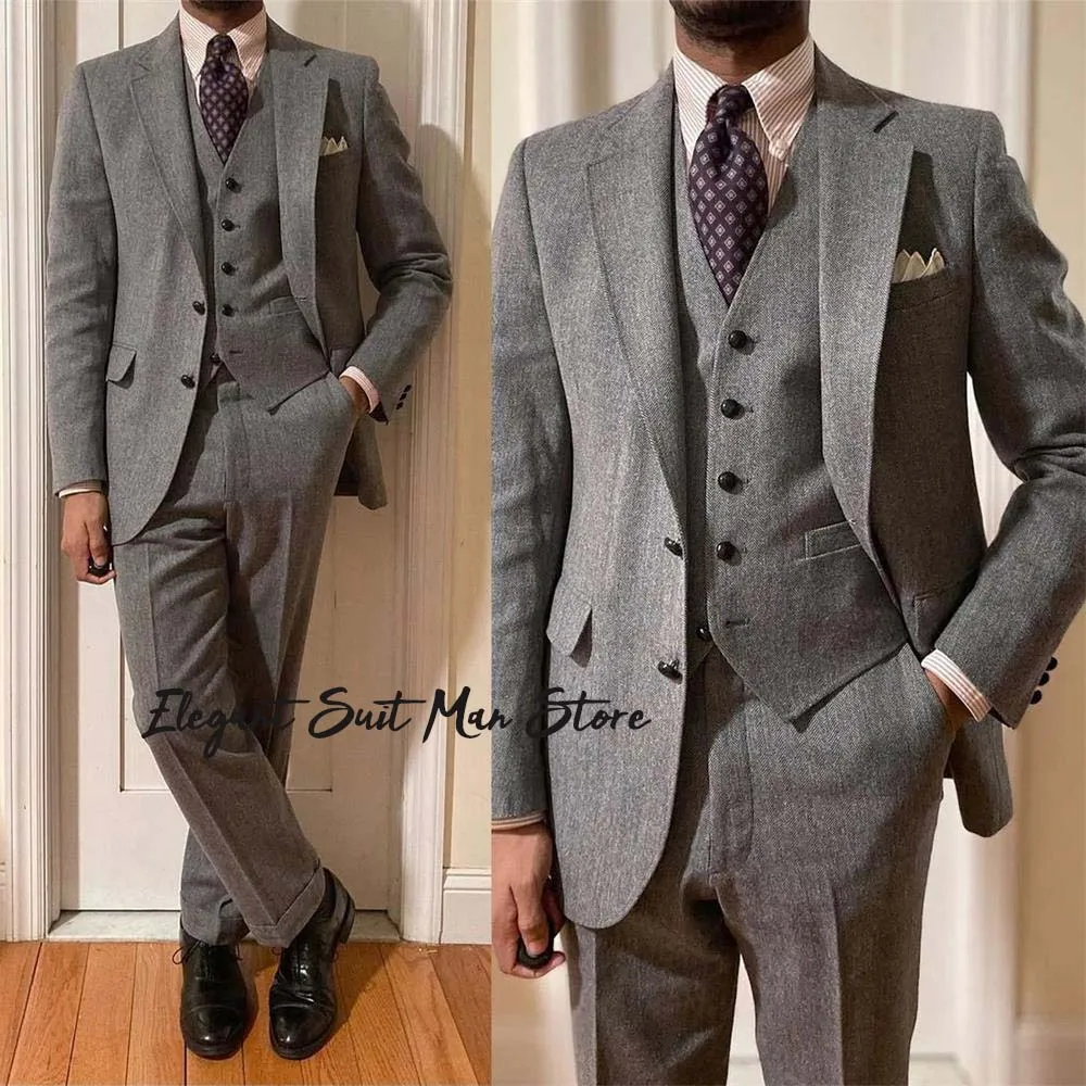 

Men Herringbone Tweed Suits Set 3pcs (Jacket+Pants+Vest) Regular Fit Notch Lapel Formal Tuxedos Gray business banquet suit set