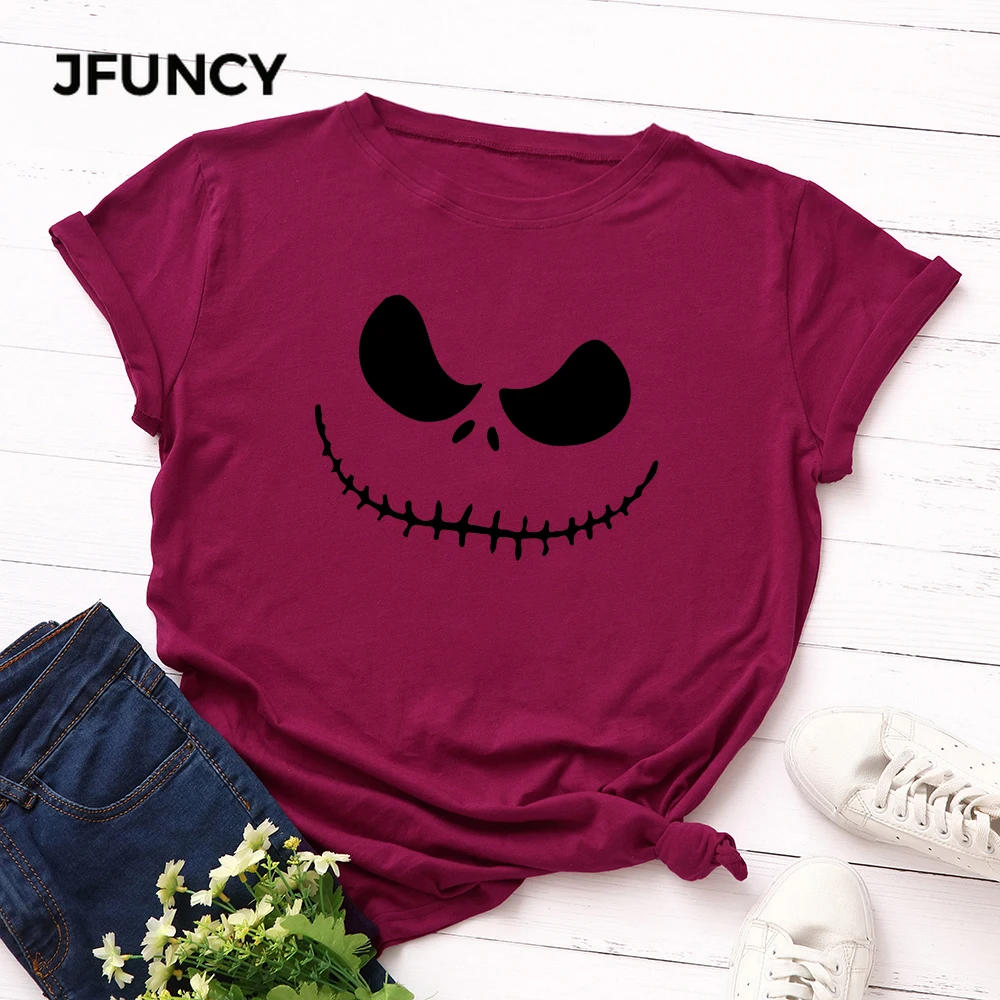 JFUNCY ฮาโลวีน Evil พิมพ์เสื้อยืดผู้หญิงสั้นของผู้หญิงเสื้อ Tee Tops ผู้หญิง Casual Tshirt 2023ฤดูร้อนผ้าฝ้ายเสื้อ T