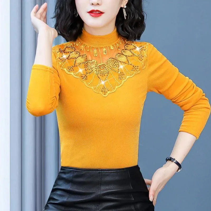 2023 جديد الخريف الدانتيل البطانة موضة عالية الرقبة العصرية الماس الرائعة الحرير الكلاسيكية ركاب كم طويل قميص متعدد الاستخدامات #5