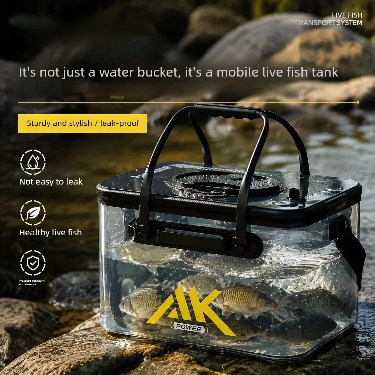 Transparent Foldable Fishing Live Well Bucket Unisex,Fish Storage Water Container with Oxygen Pump, Scratch-Resistant Heavy Duty