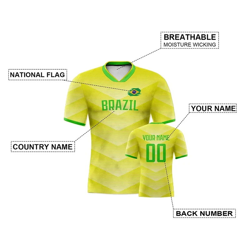تخصيص اسم الفريق رقم تي شيرت شخصية البرازيل العلم الجرافيك الرياضة تيز فضفاضة سريعة الجافة كرة القدم جيرسي فريق الزي الرسمي