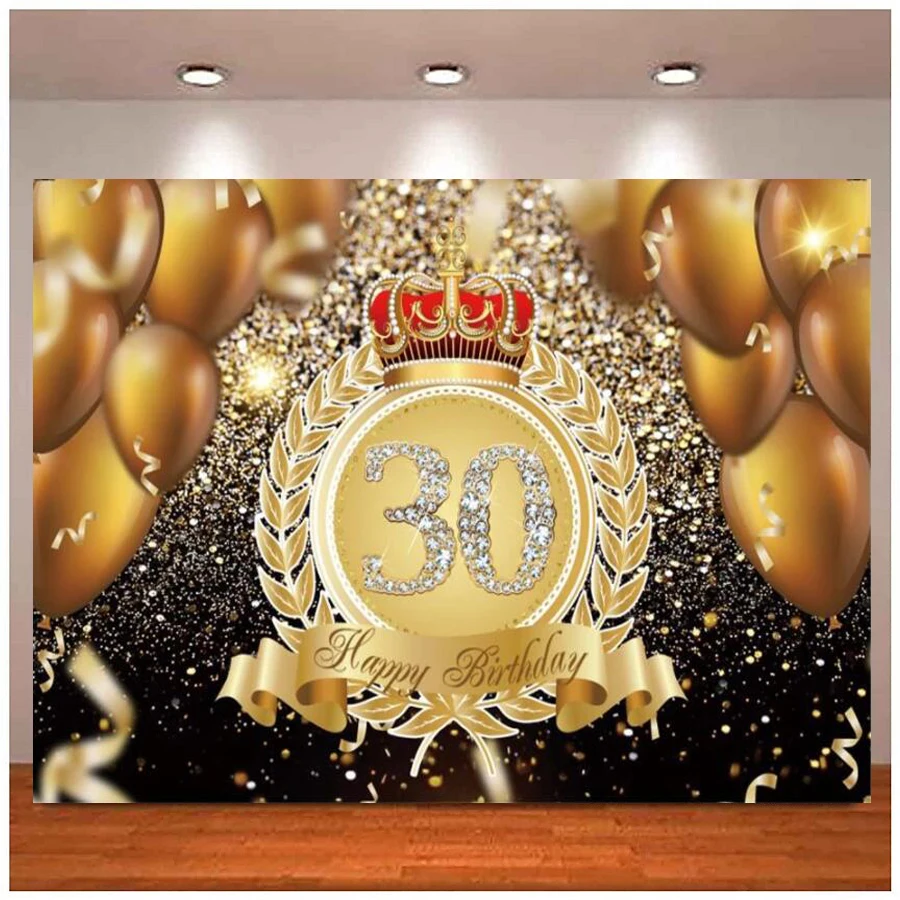 Photography Backdrop Women 30th Birthday Party Banner Gold Glitter Wreath Gold Balloons Black Background Poster Photo Studio