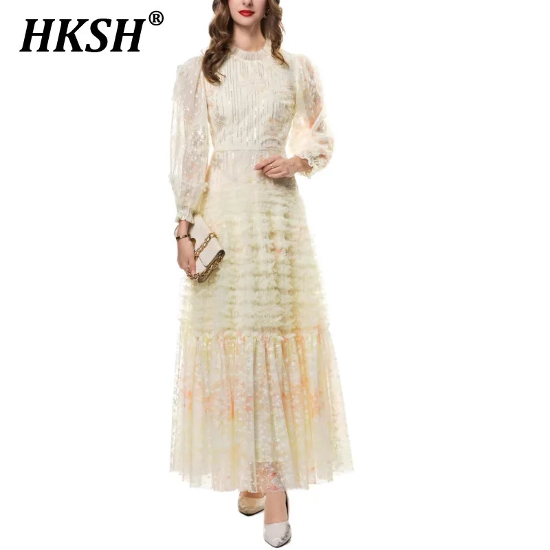 

HKSH Spring Summer New Women Tide Fashion Elegant O-neck Long Lantern Sleeved Mesh Sequins Ruffled Edge Fluffy Long Dress HK5392