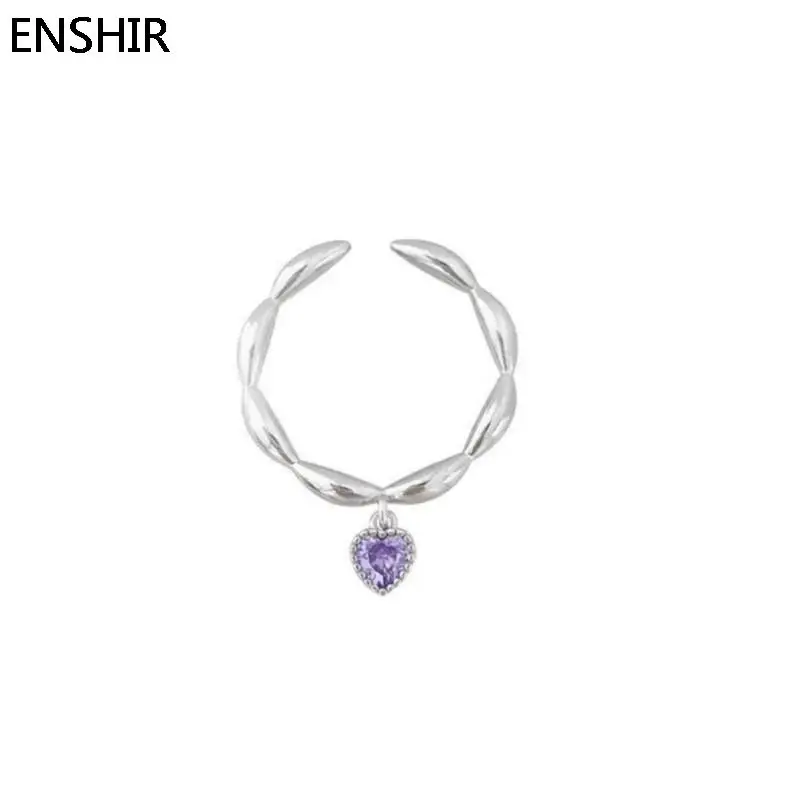 ENSHIR Purple Zircon Heart Open Rings for Women Light Luxury Niche Design All-Matching Accessories Girl Gift anillos bague