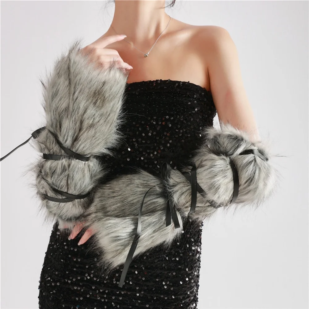Y2K Goth Spice Girls Subculture Faux Fur gloves Hip Hop Punk Tie Cuffs Vintage Dance Jazz Style cosplay winter accessories