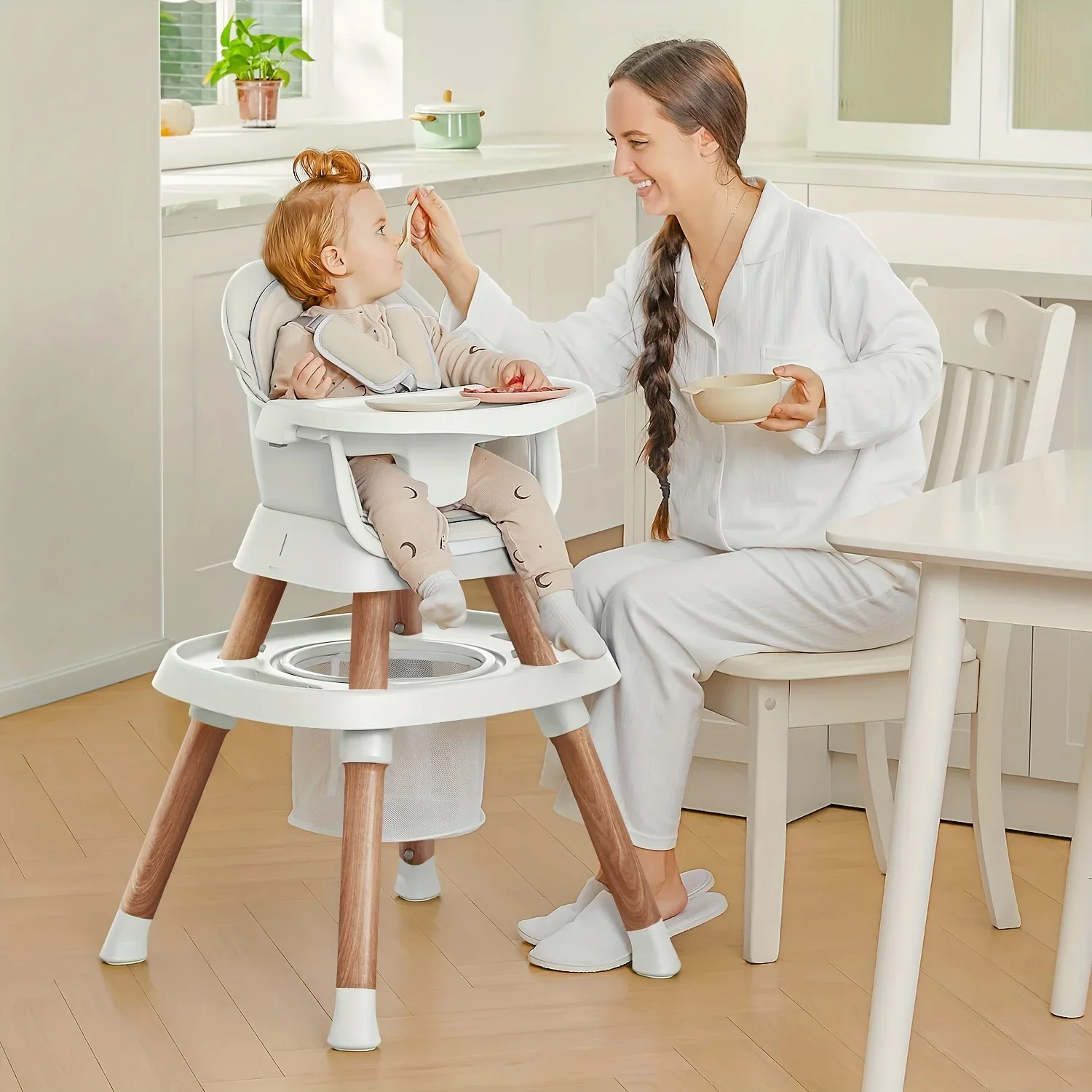 Silla alta para bebé 8 en 1, asiento para bebé, multifuncional Convertible para bebés y niños pequeños con centro de actividades y bandeja de veta de madera