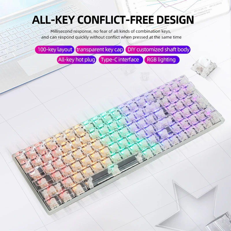 Y-FRUITFUL-Teclado mecánico K10 con cable, 100 teclas transparentes, personalizado, para juegos