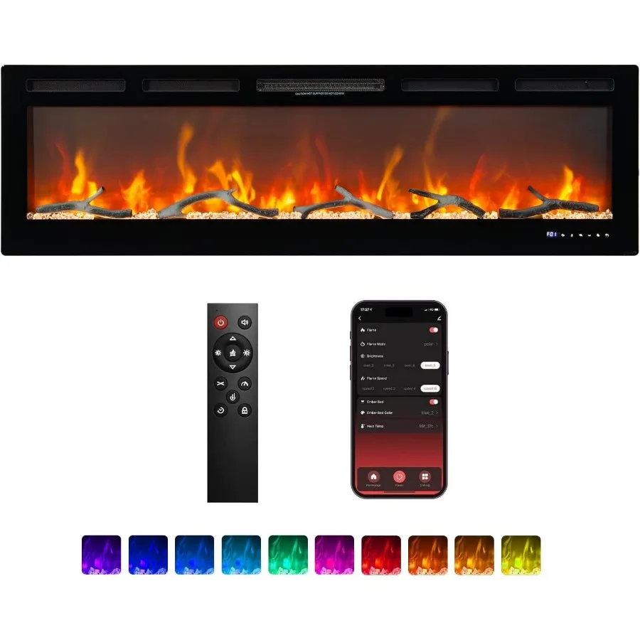 60 Inch Wall Mount or In Wall Recessed Electric Fireplace with Remote Control and Alexa/WiFi Connectivity 13+12 Realistic Ember