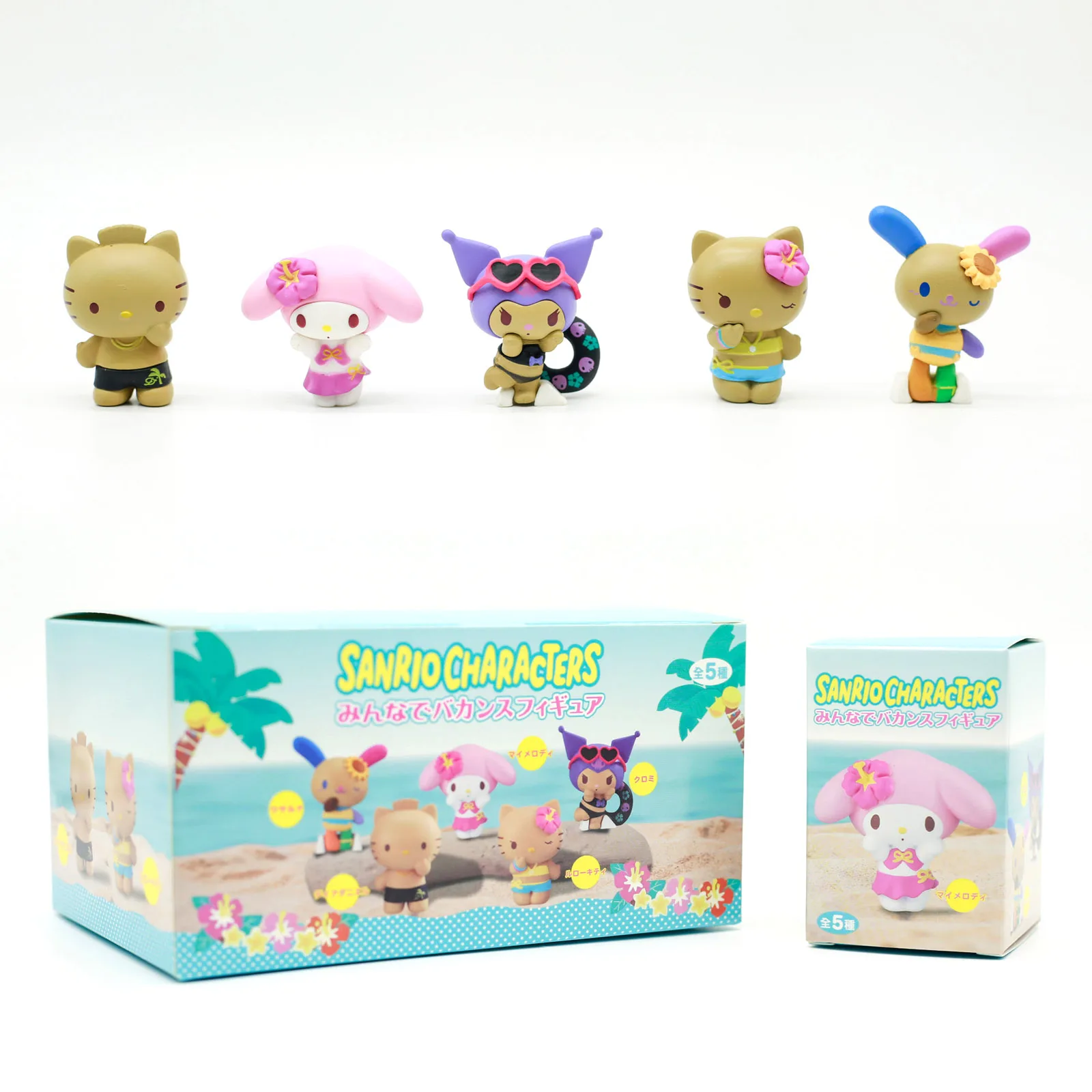 

Коллекционные фигурки персонажей Sanrio: Hello Kitty, My Melody, Kuromi. Летний пляжный отдых. Черная серия. Слепая коробка. Аниме-фигурки.