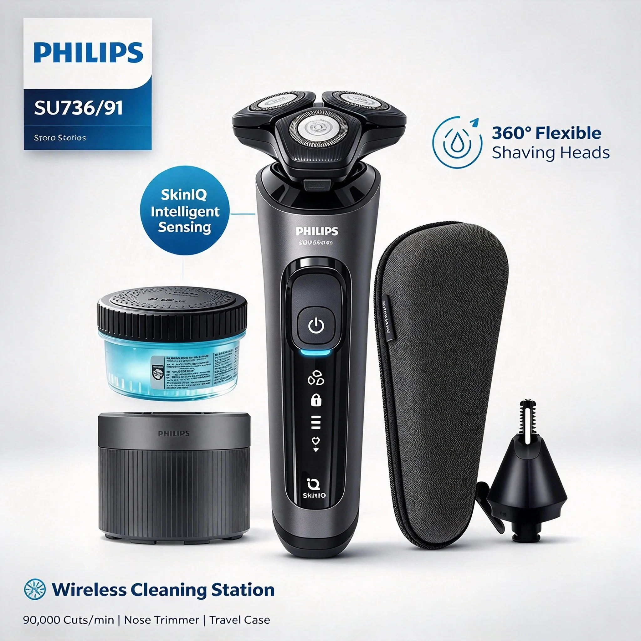 Philips Su7366 Electric Shaver Skiniq Intelligent Sensing Flexible Shaving Head Shaver with Cleaning Station and Nose Trimmer