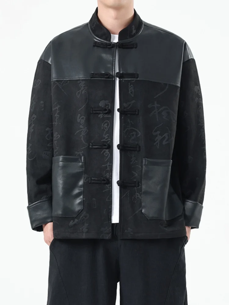 

Новая мужская замшевая куртка в китайском стиле, весенне-осенняя, с воротником-стойкой, в стиле тан, с декоративными элементами, модная верхняя одежда в стиле ханьфу