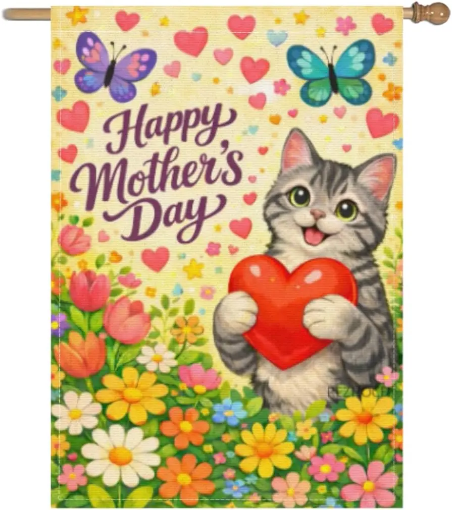 Happy Mother’s Day Garden Flag 28x40 Inch,Cute American Shorthair Cat Holding Heart Floral Yard Flag,Funny Animal Spring Out AAS