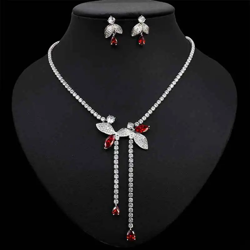 FXLRY Elegant Cubic Zirconia Leaf Water Drop Necklace And Earring For Women Wedding Dinner Party Jewelry Set