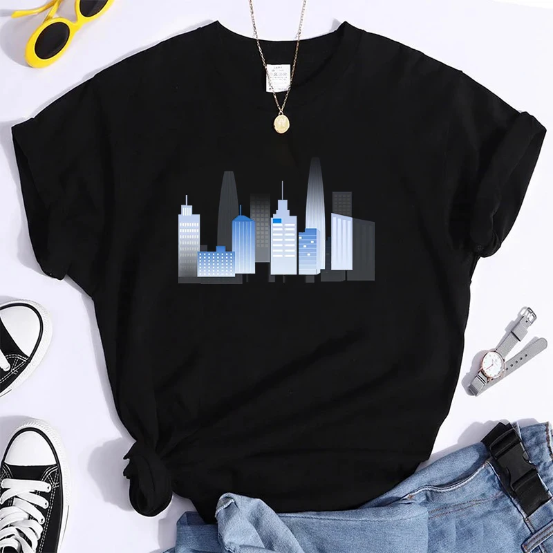 تي شيرت 100% من القطن الخالص مطبوع عليه بناء المدينة برقبة دائرية، قميص كاجوال بأكمام قصيرة كل يوم لجميع المواسم، ملابس نسائية