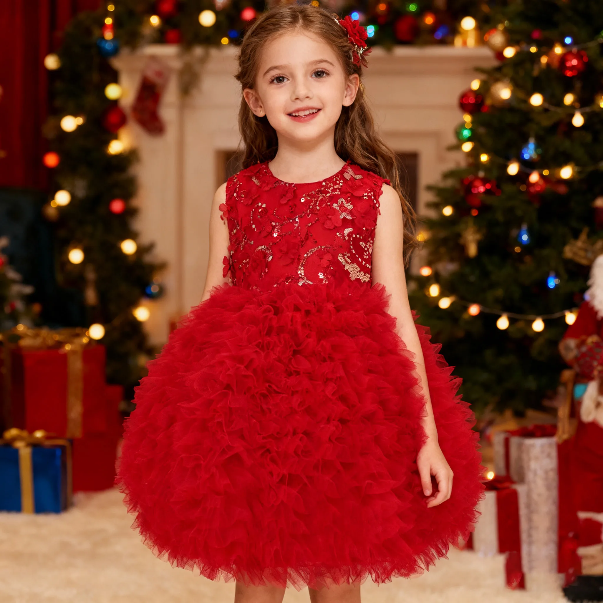 2025 Red Flower Girl Princess Dress Christmas Newyears Clothes Cute Vestidos for family gathering Children Fancy Ball Gown