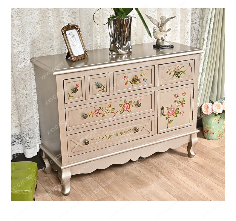 

Country Champagne Chest of Six Drawers Home Partition Retro Painted Curio Cabinet