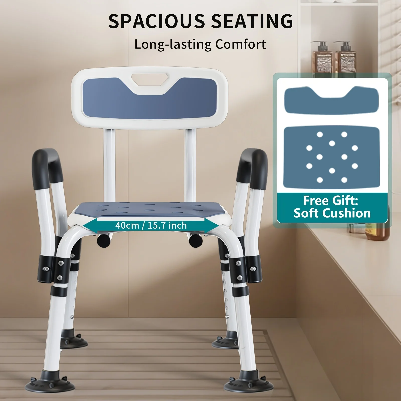 Shower Chair Indoor Non-Slip Bath Stool with EVA Cooling Pad 226.8 Kg Weight Capacity 6-Level Adjustment Large Drain Hole -White