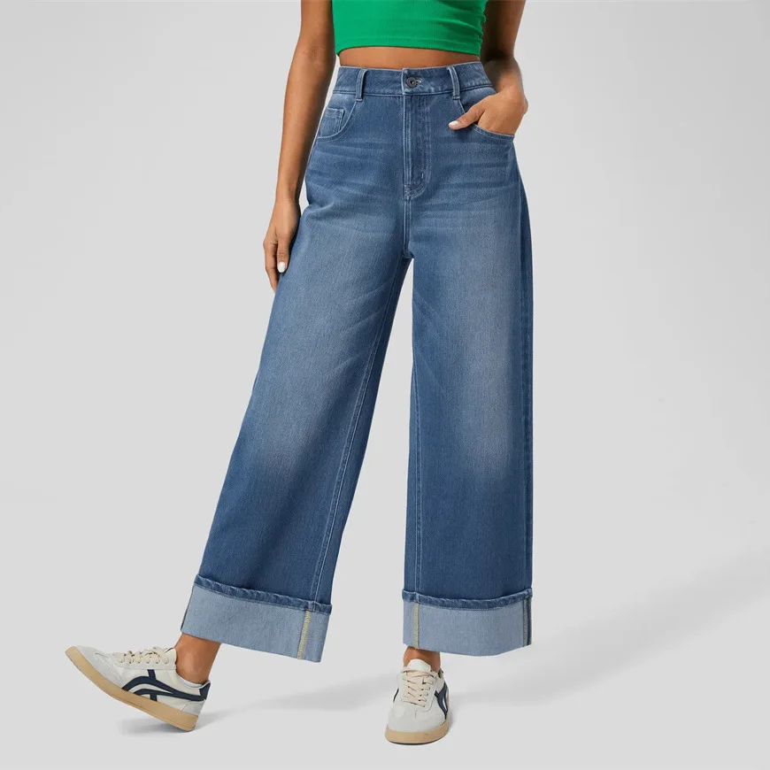 High Waist Straight Leg Jeans Women's Fashion Spring New Style Cuffed Denim Pants Classic Blue Cotton Spandex Blend